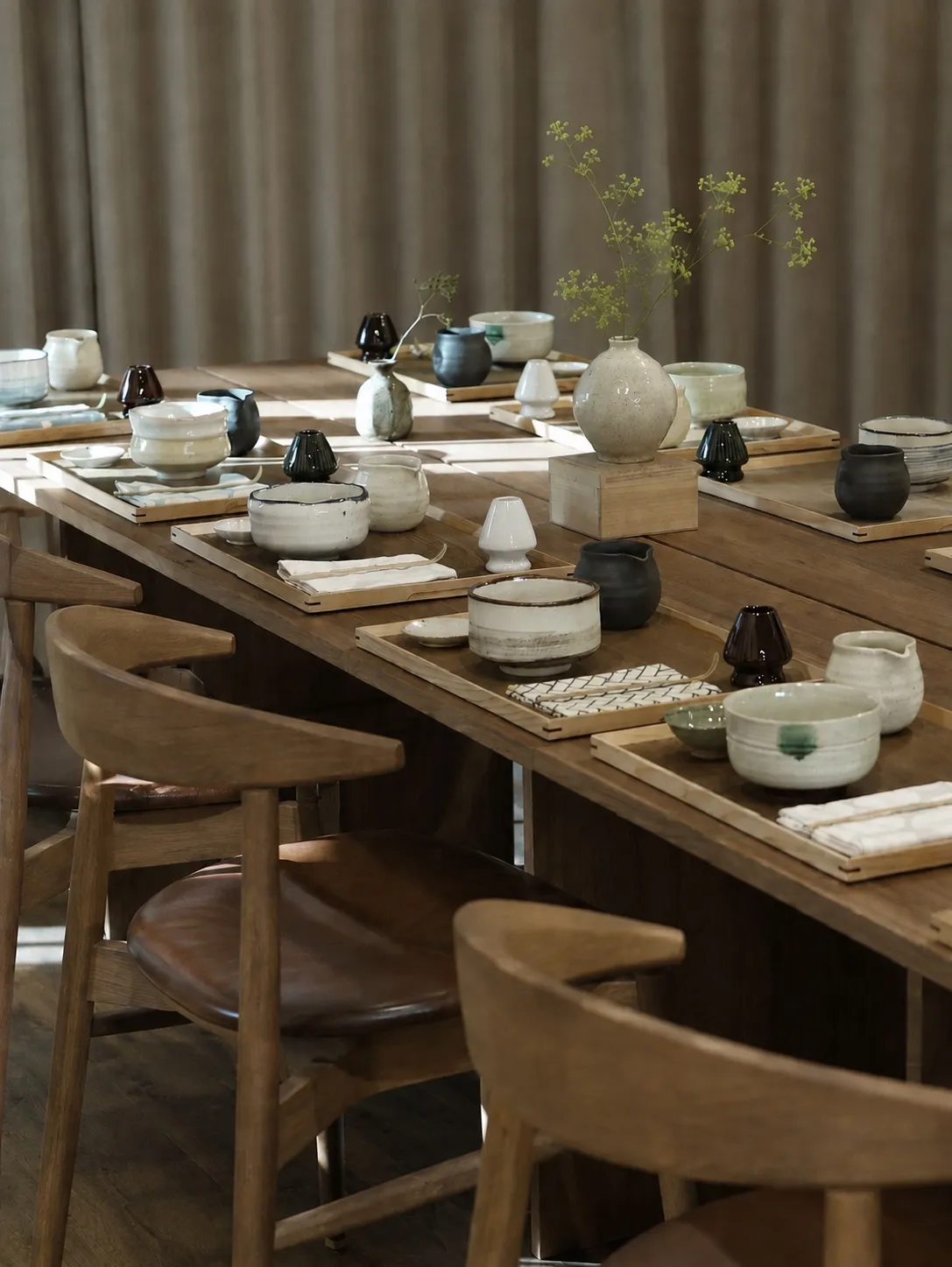 A matcha workshop table set for guests.